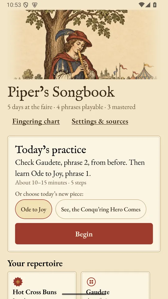 The songbook home screen showing today's practice: check Gaudete phrase 2, then learn Ode to Joy phrase 1, about 10 to 15 minutes.