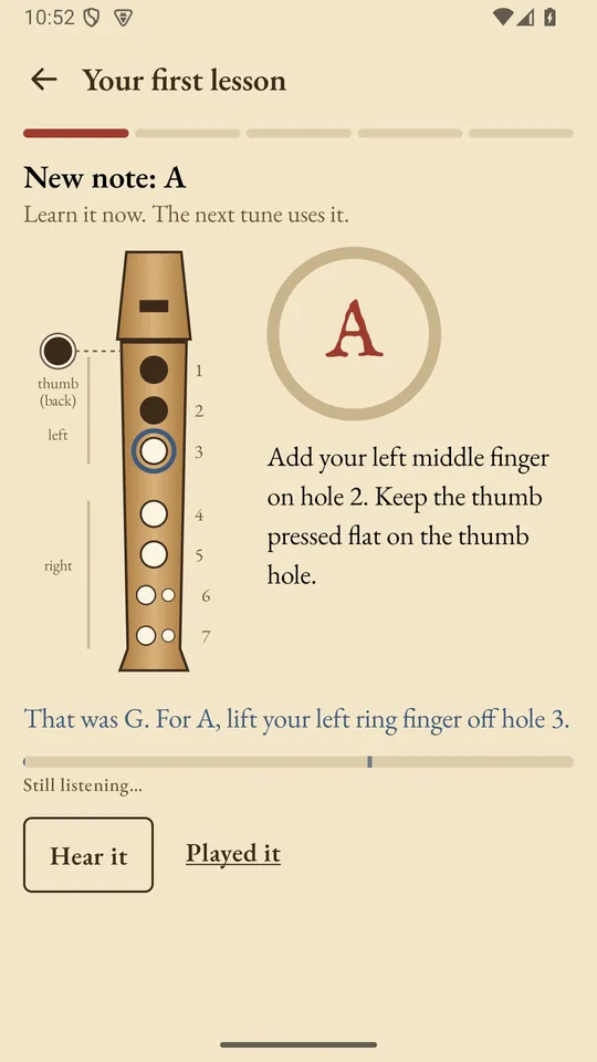 A lesson screen for the note A. The fingering diagram rings hole 3, and the feedback reads: That was G. For A, lift your left ring finger off hole 3.