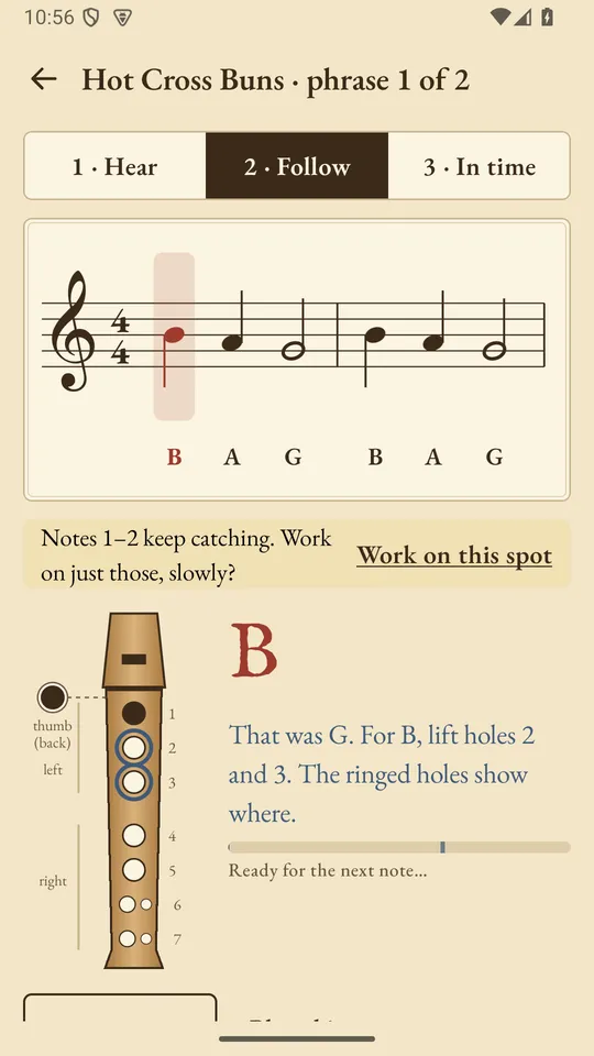Hot Cross Buns on a staff with the note names B, A, G underneath. A banner suggests working slowly on notes 1 and 2.