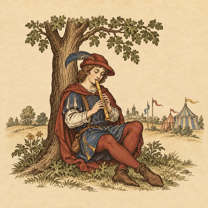 Piper, a young musician in a feathered red hat, plays a wooden recorder under an oak tree, with faire tents in the distance.